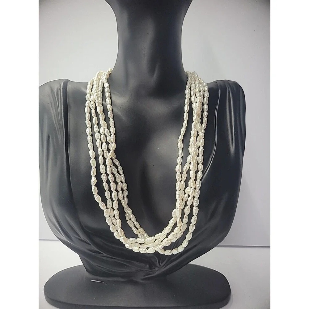 Vintage Necklace Multi Strand Beaded Gold Tone‎ White Bead Slide Clasp Jewelry